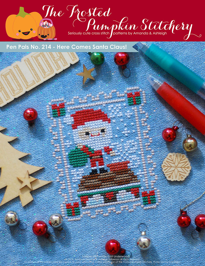 Pen Pals No 214 Here Comes Santa Claus counted cross stitch pattern. Santa is coming down the chimney with a big green bag of presents.