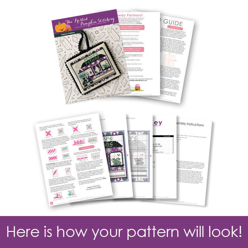 Graphic of how your cross stitch pattern will look. The pages are fanned out.