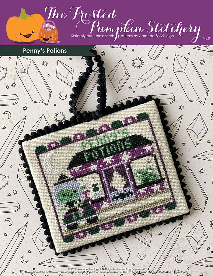 Image of Penny's Potions Cross Stitch Pattern.  Penny the silver haired witch is riding a green scooter on her way to her shop called Penny's Potions. Her shop features potion bottles and a frog trying to catch fly in the windows along with a bat on the front door.