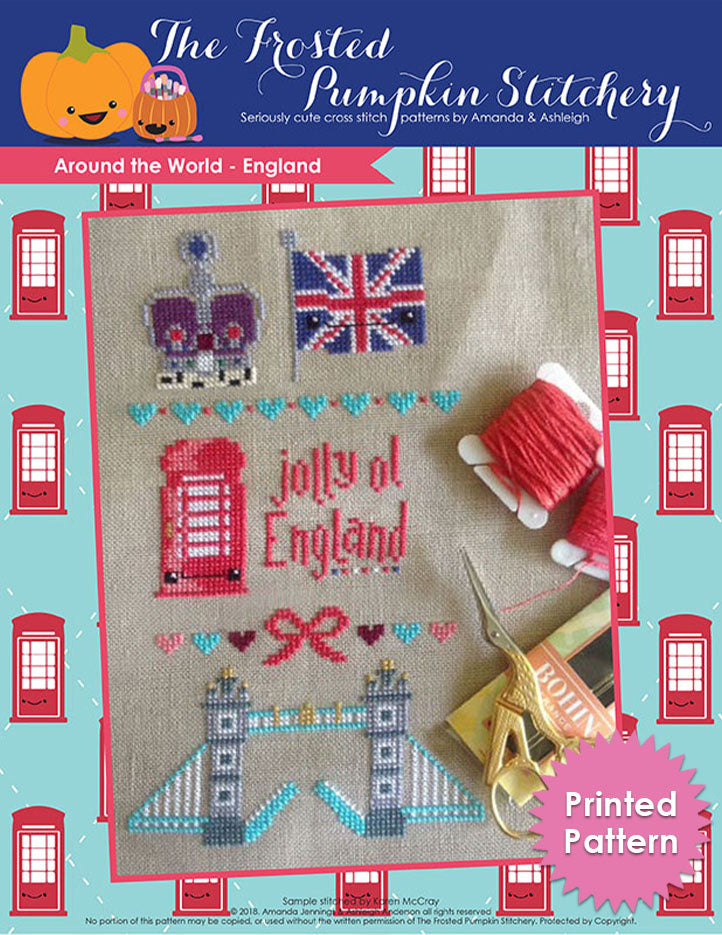 Around the World England cross stitch pattern. Image of a crown, Union Jack flag, telephone booth and London bridge. Text reads "Jolly Ol England" and "Printed Pattern."