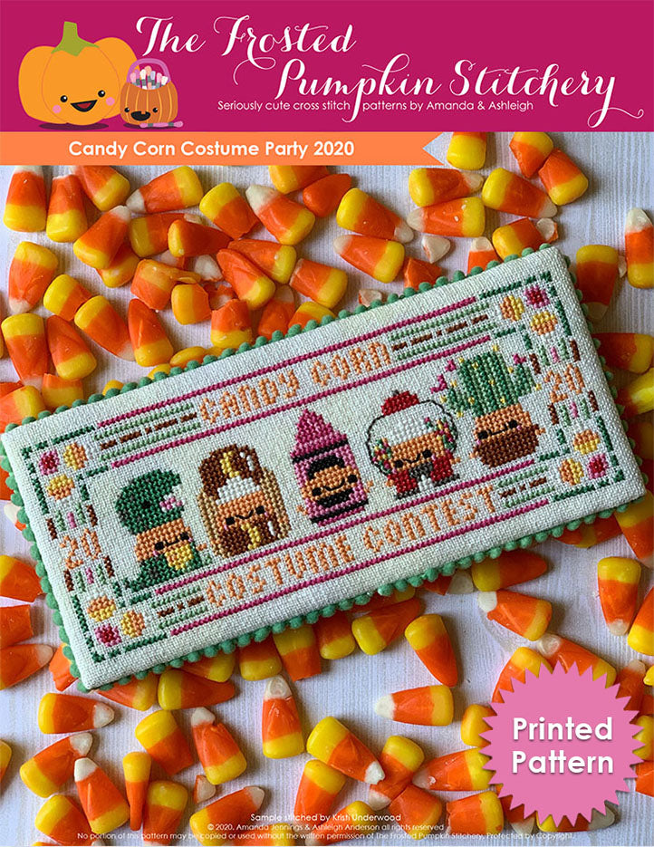 Image of Candy Corn Costume Party 2020 counted cross stitch pattern. Five little candy corns are in costumes. From left to right they are dressed as a t-rex, hot dog, pink crayon, gum ball machine and cactus. Text reads "Printed Pattern."