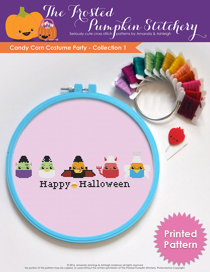 Image of Candy Corn Costume Party Collection One counted cross stitch pattern. Five candy corn in a horizontal line dressed as Frankenstein, the Bride of Frankenstein, Dracula, a devil and an angel. Bottom text reads Happy Halloween and Printed Pattern.