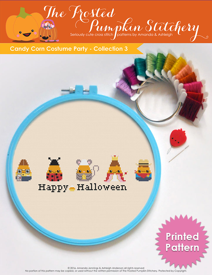 Image of Candy Corn Costume Party Collection One counted cross stitch pattern. Five candy corn in a horizontal line dressed as a nerd, a lady bug, a mouse, a princess and a cowboy. Bottom text reads Happy Halloween and Printed Pattern.