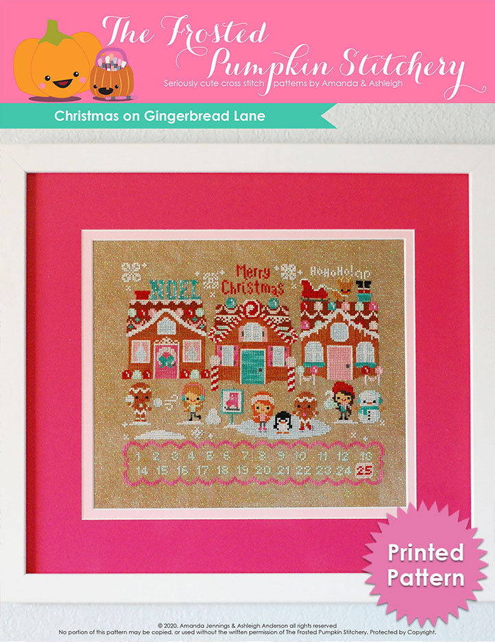 Christmas on Gingerbread Lane counted cross stitch pattern. A pattern with three gingerbread houses, numbers one through twenty on the bottom border. Text reads "Printed Pattern."