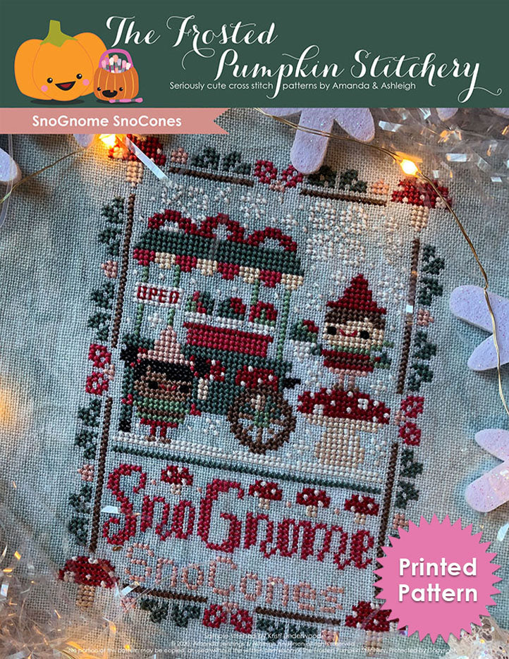 SnoGnome SnoCones counted cross stitch pattern. Two gnomes are making snow cones, one is standing on a toadstool. The border is mushrooms. Printed Pattern.
