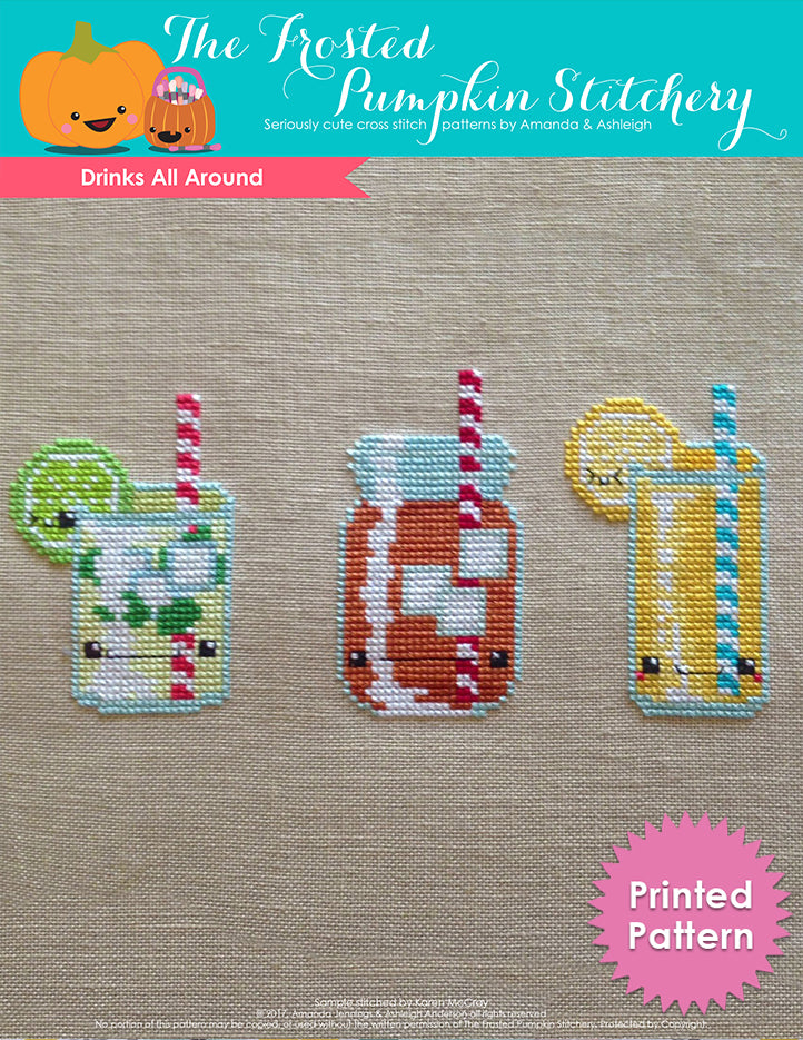 Drinks All Around Counted Cross Stitch Pattern. A mint mojito, an iced tea and a glass of lemonade. Text reads "Printed Pattern."