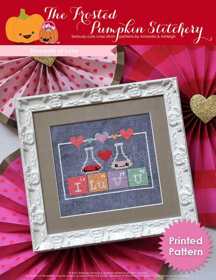 Elements of Love counted cross stitch pattern. Periodic elements spell out "I Lu V U". Printed Chart.