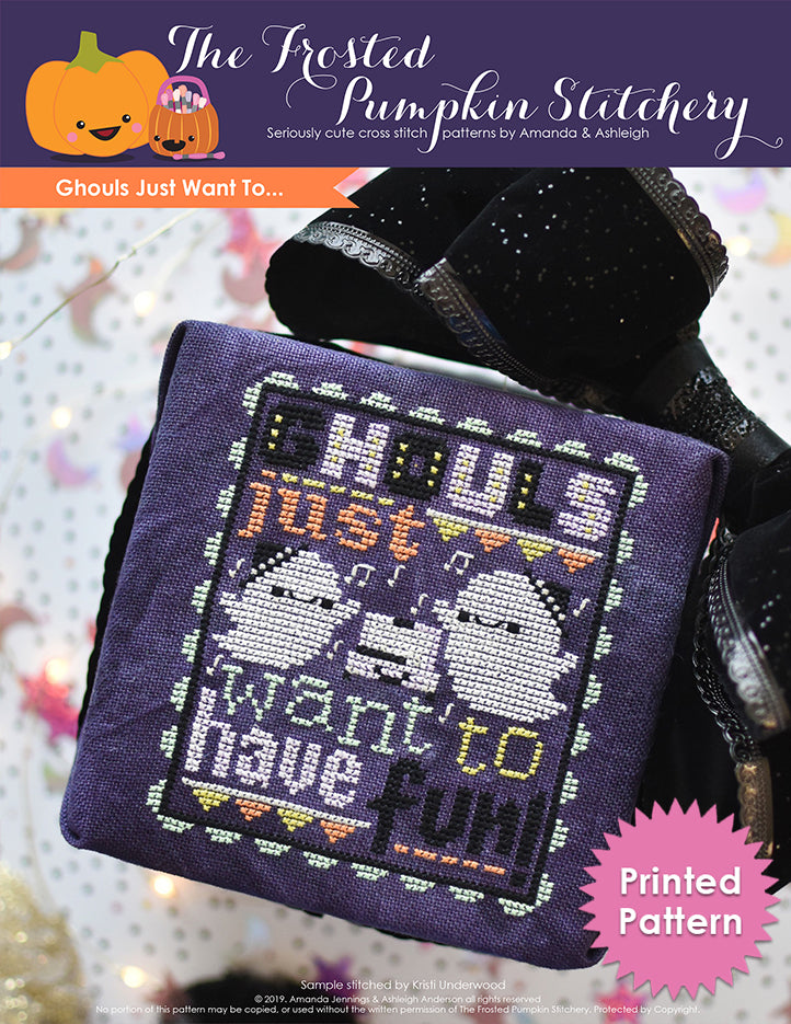 Ghouls Just Want to Have Fun Halloween Counted Cross Stitch pattern. Two ghosts listening to a record player surrounded by musical notes. Text reads "Ghouls Just Want To Have Fun". Printed Pattern.