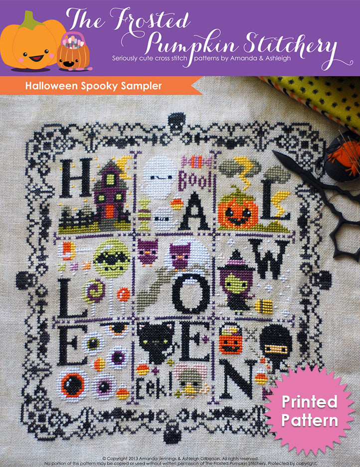 Halloween Spooky Sampler counted cross stitch pattern. Lace border with skulls that spells out Halloween. Printed Pattern.