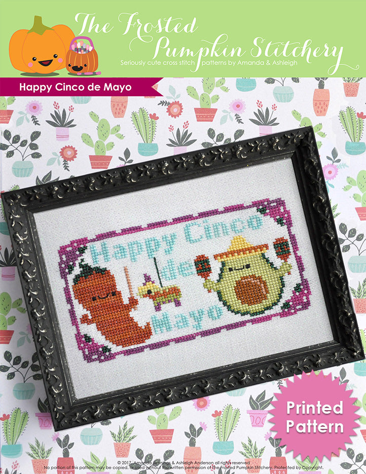 Happy Cinco de Mayo counted cross stitch pattern. A chili pepper and an avocado with maracas. The text reads "Happy Cinco de Mayo". Printed Pattern