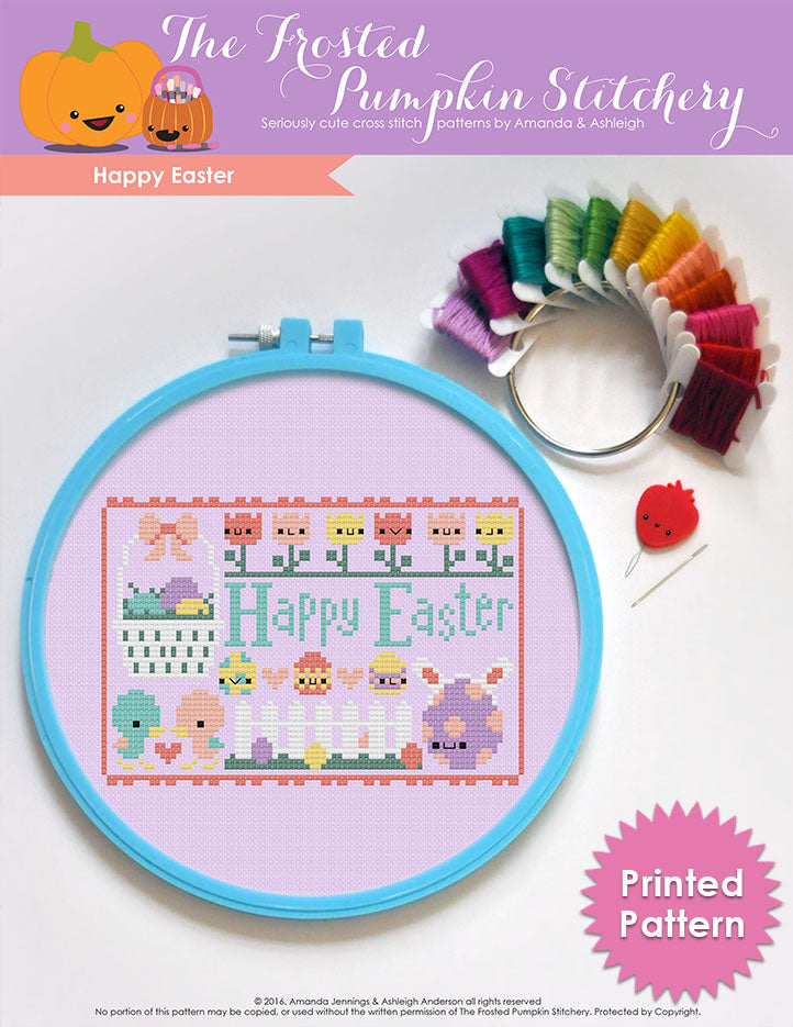 Happy Easter counted cross stitch pattern. Text reads "Happy Easter". Printed Pattern.