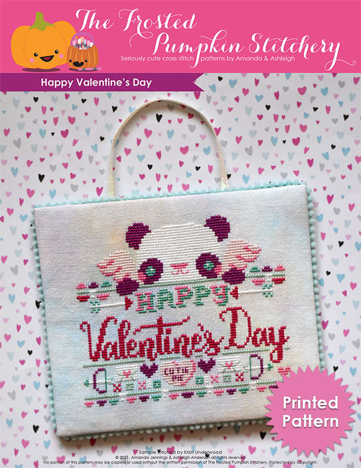 Happy Valentine's Day Cross Stitch Pattern. This pattern features a panda dressed as cupid, bow and arrows, a "cutie pie" conversation heart and the phrase "Happy Valentine's Day. Printed Pattern.