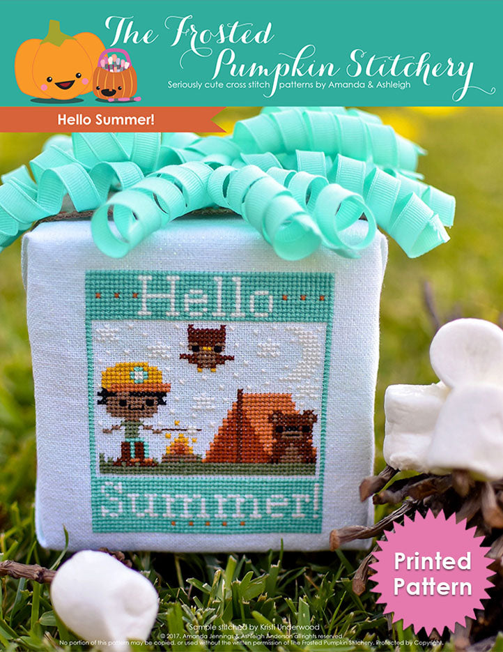 Hello Summer counted cross stitch pattern. A brown skinned boy in an orange cap is tent camping, roasting a marshmallow and hanging out with an owl and bear. Printed Chart.