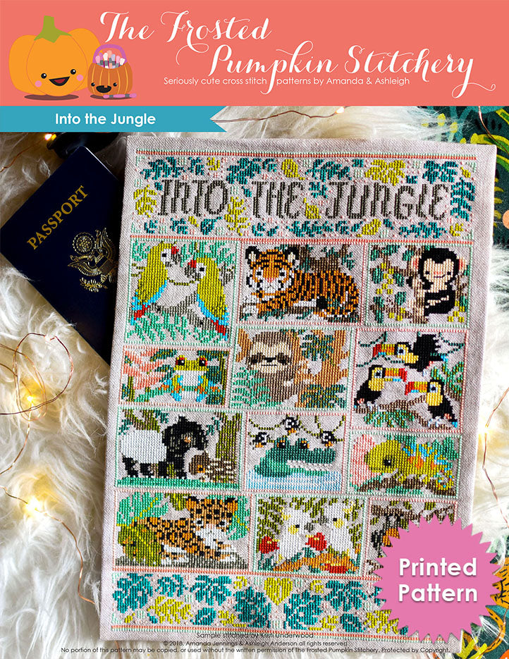 Into the Jungle counted cross stitch pattern. Text reads "into the jungle". Chart of macaws, sloth, monkey, chameleon and other jungle animals. Printed Pattern.