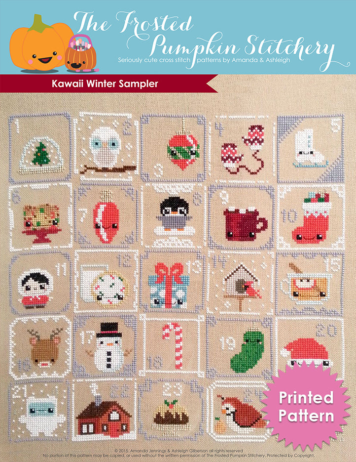 Kawaii Winter Sampler Counted Cross Stitch Pattern. Numbers 1-25 with various items in squares in this Christmas countdown pattern. Printed Pattern.