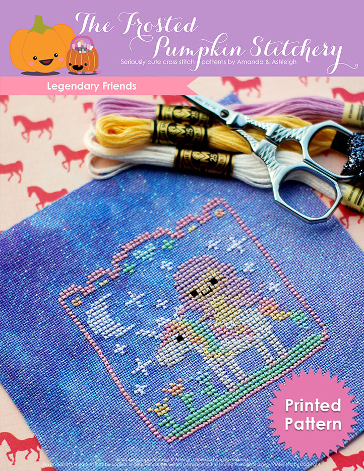 Legendary Friends counted cross stitch pattern. A white skinned girl with purple hair is riding a rainbow haired unicorn.