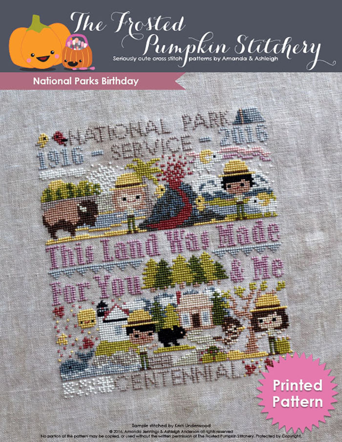 National Parks Birthday Club counted cross stitch pattern. Image of four park rangers exploring parks. Printed Pattern.