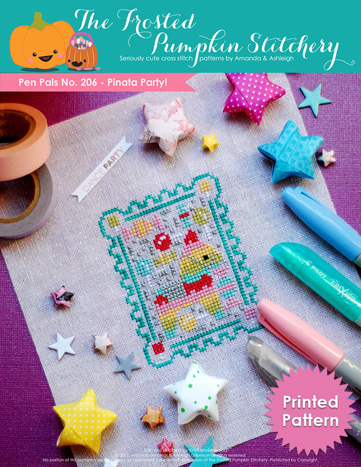Pen Pals No 206 Pinata Party counted cross stitch pattern. A rainbow colored pinata surrounded by candy. Printed Pattern.