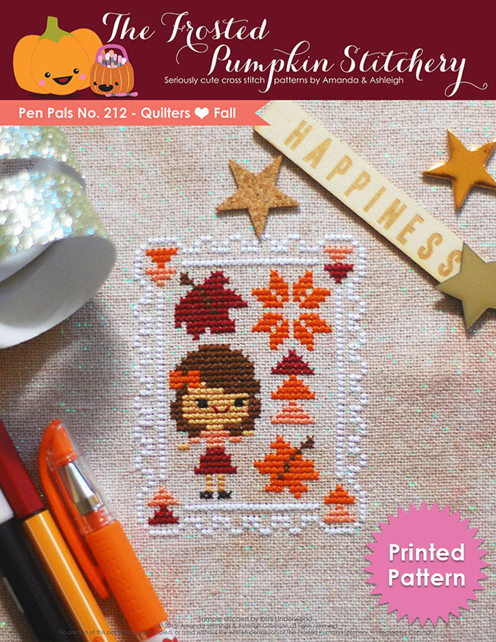 Pen Pals No 212 Quilters Love Fall counted cross stitch pattern. A fair skinned girl with brown hair and an orange bow stands next to quilt blocks. Printed Pattern.