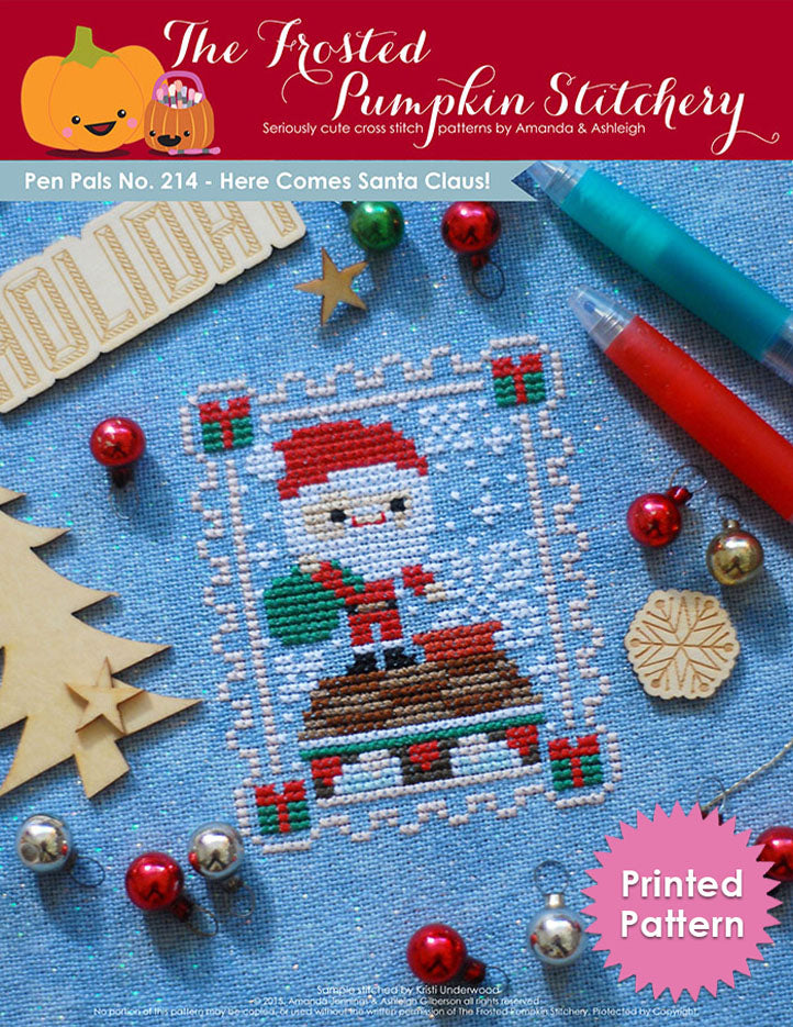 Pen Pals No 214 Here Comes Santa Claus counted cross stitch pattern. Santa is coming down the chimney with a big green bag of presents. Printed Pattern.