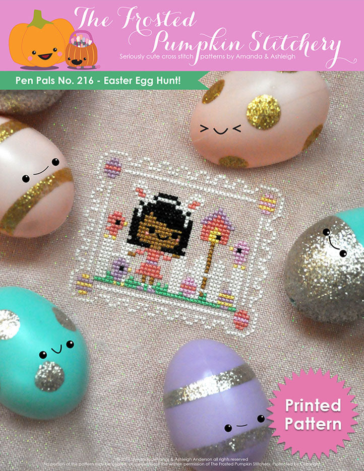 Pen Pals Easter Egg Hunt. A brown skinned girl wearing white bunny ears stands in front of a white fence and pastel peach and yellow bird house. Printed Pattern.