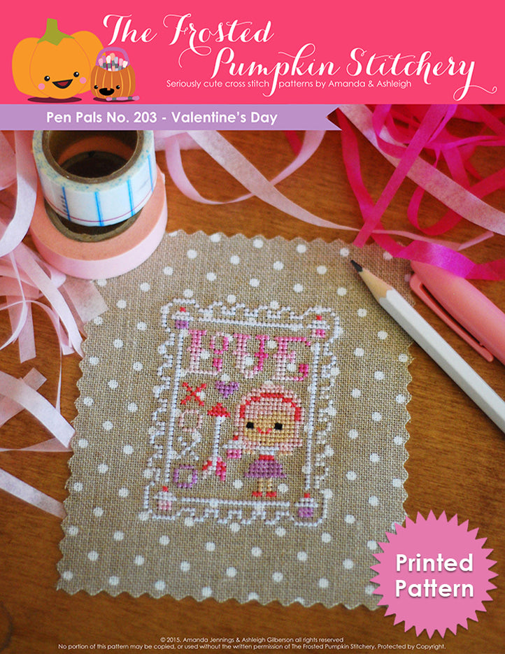 Pen Pals No 203 Valentine's Day. A pale skinned girl with pink hair and a purple dress stand along side of XOXO and an arrow. Text reads "LOVE". Printed Pattern.