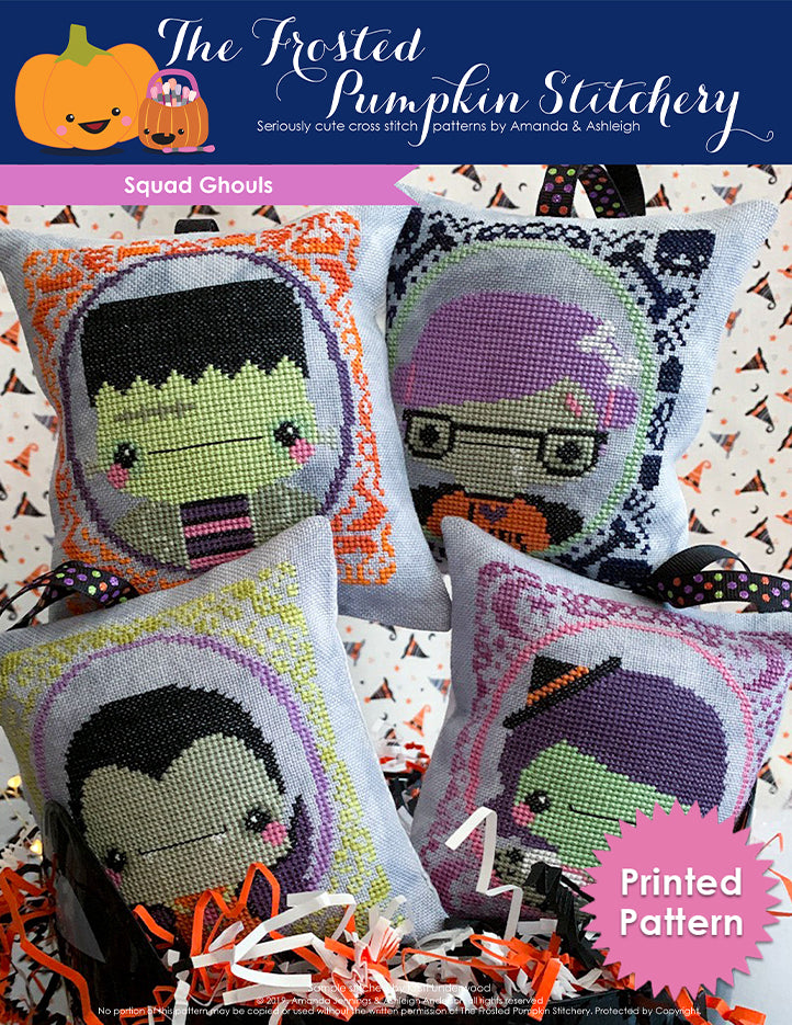 Squad Ghouls counted cross stitch pattern. Chubby pillows with portraits of Frankie Frankenstein, Zoe the Zombie, Drake Dracula and Wanda the Witch. Printed Pattern.
