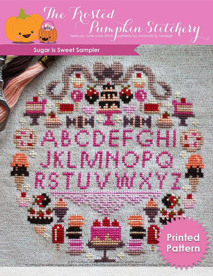 Sugar is Sweet counted cross stitch pattern. A hot pink alphabet surrounded by baked goods, doughnuts and sweet treats. Printed Pattern.