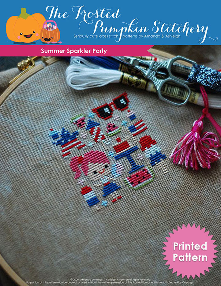 Summer Sparkler Party counted cross stitch pattern. A pale girl with pink hair is holding cotton candy and surrounded by elements of American summer. Printed Pattern.