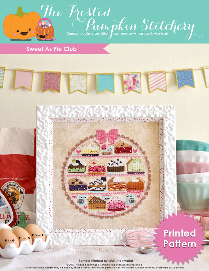Sweet as Pie counted cross stitch pattern. Twelve kawaii pies cross stitch pattern in a white frame surrounded by baking supplies.