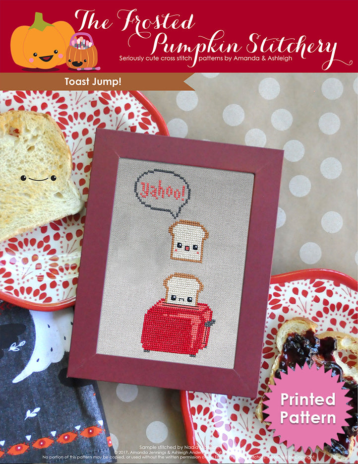 Toast jump counted cross stitch pattern. Two slices of toast are popping out of a red toaster, one is shouting "yahoo!" Printed Pattern.