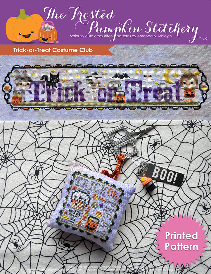 Trick or Treat Costume Club counted cross stitch pattern. Three trick-or-treaters dressed as a wolf, a mummy and a pumpkin. Text says "Trick or Treat". Printed Pattern.