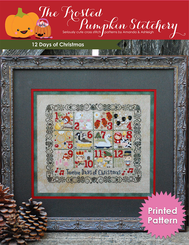 12 Days of Christmas counted cross stitch pattern with a lace border, a partridge in a pear tree and all the elements of the song. Pink graphic on the lower right says "Printed Pattern"