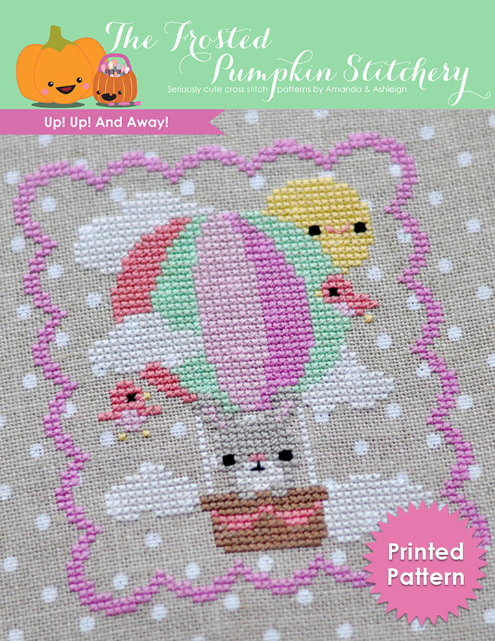 Up Up and Away counted cross stitch pattern. A bunny riding in a hot air balloon in the sky. Printed Pattern.