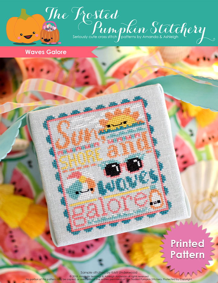 Waves Galore Counted Cross Stitch Pattern. Image of a kawaii sun, beach ball, sunglasses and sunscreen. Tropical colors including aqua, bright pink and oranges. Text in the chart reads Sun, Shore and Waves Galore. Printed Pattern.