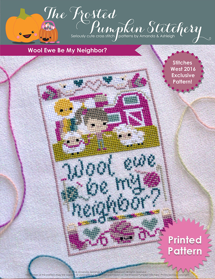 Wool Ewe Be My Neighbor counted cross stitch pattern. Sheep are with a farmer with pale skin and gray brown hair with a pink barn in the background. Text reads "wool ewe be my neighbor?" Printed Pattern.