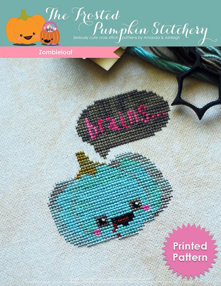 Zombieloaf counted cross stitch pattern. A green zombie pumpkin says "Brains..." Printed Pattern.