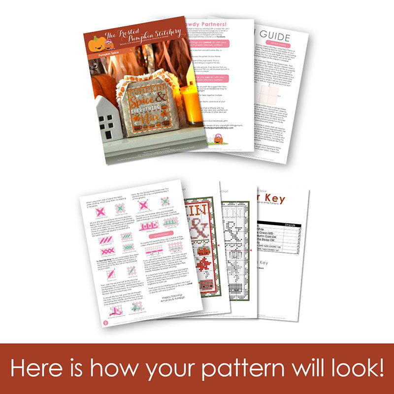 Graphic of how your cross stitch pattern will look. The pages are fanned out.