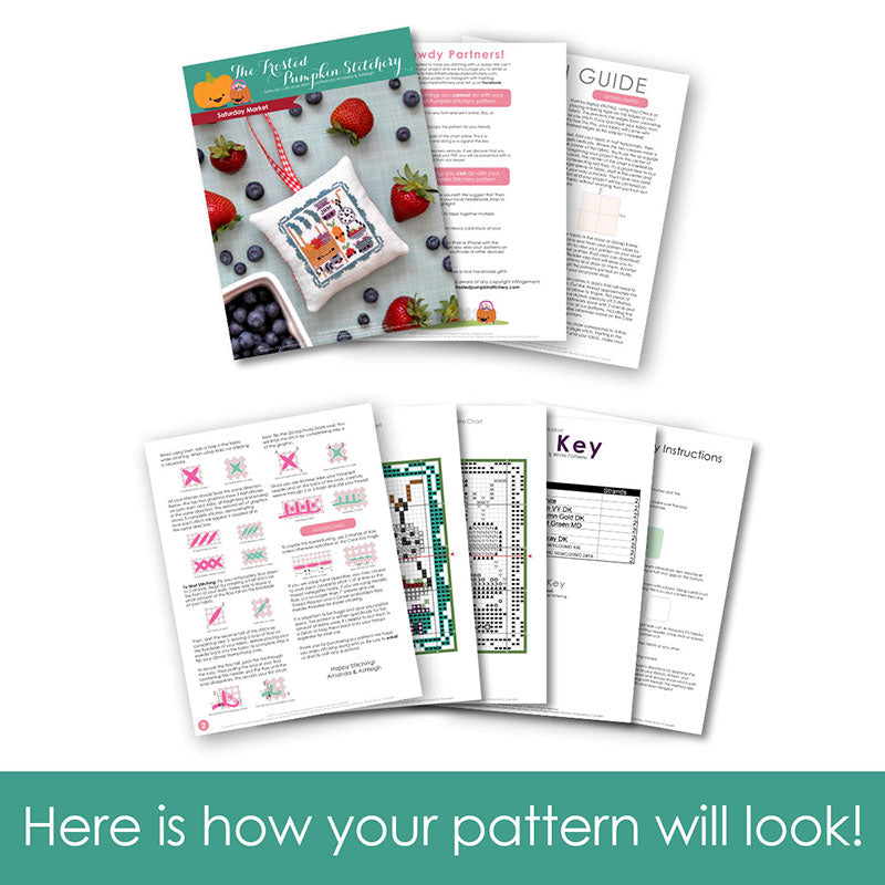 Graphic of how your cross stitch pattern will look. The pages are fanned out.