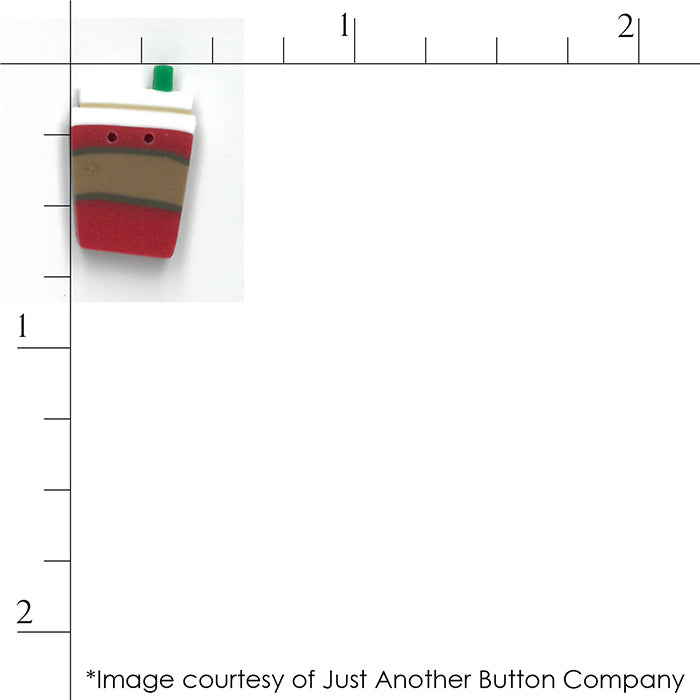 Large latte cup button from Just Another Button company against a ruler for scale.