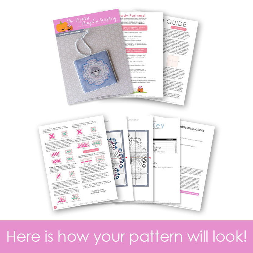Graphic of how your pattern will look. It has splayed out pages on a white background.