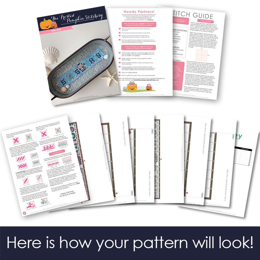 Graphic of how your cross stitch pattern will look. The pages are fanned out.