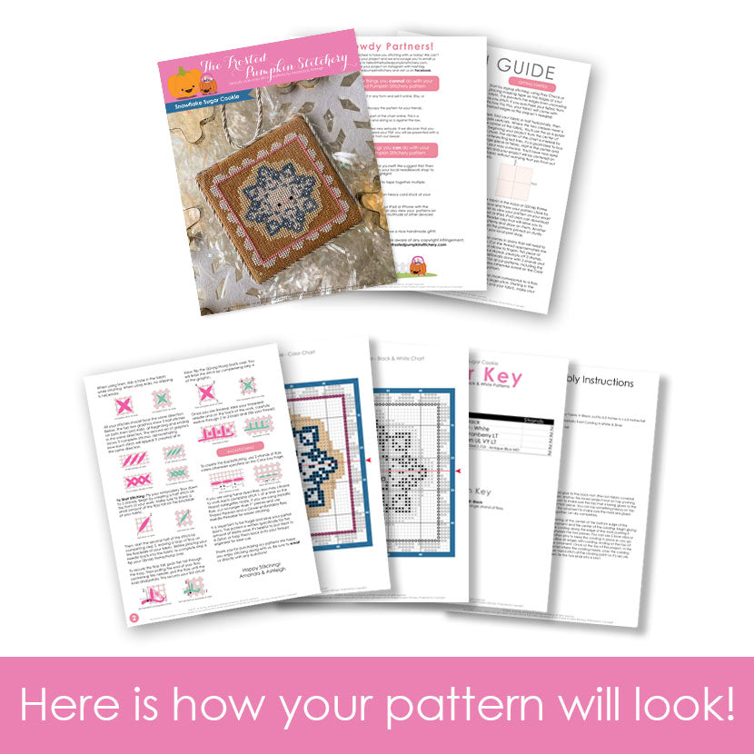 Graphic of how your cross stitch pattern will look. The pages are fanned out.
