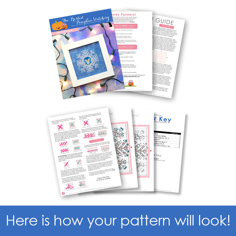 Graphic of how your cross stitch pattern will look. The pages are fanned out.