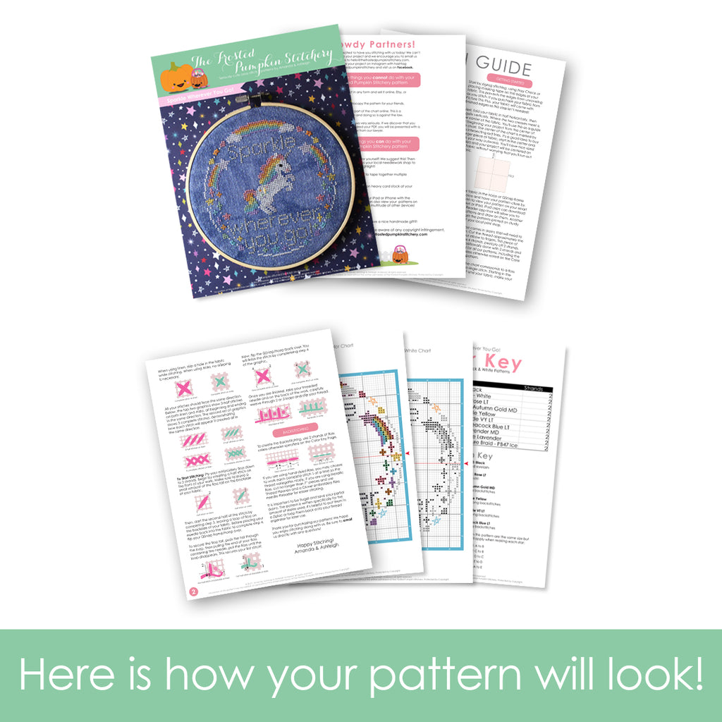Graphic of how your cross stitch pattern will look. The pages are fanned out.