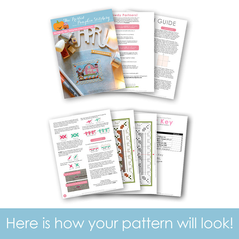 Graphic of how your cross stitch pattern will look. The pages are fanned out.