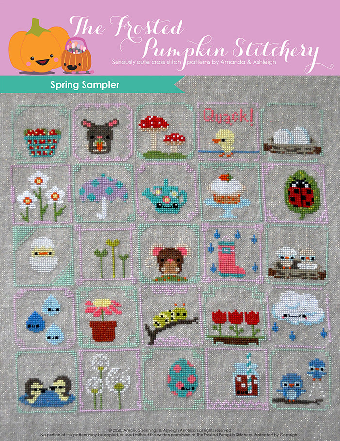 Spring Sampler counted cross stitch pattern features twenty-five squares with different spring elements. Examples are: basket of strawberries, bunny, lady bug and carrot cake.