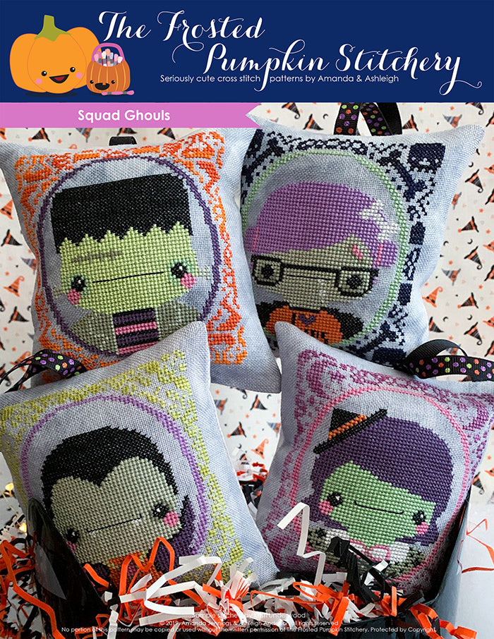Squad Ghouls counted cross stitch pattern. Chubby pillows with portraits of Frankie Frankenstein, Zoe the Zombie, Drake Dracula and Wanda the Witch.