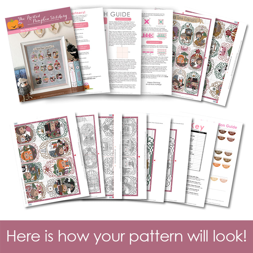 Graphic of how your cross stitch pattern will look. The pages are fanned out.