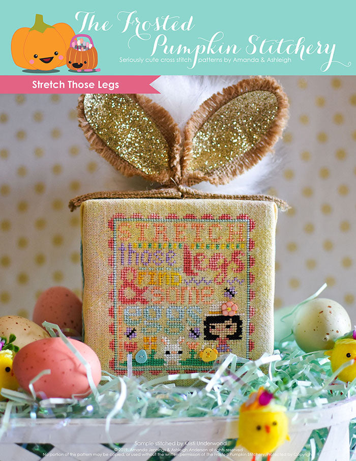 Stretch Those Legs counted cross stitch pattern. An Easter egg hunting little girl with a hat with a button on it is looking for eggs with a bunny. Cube is finished with a bunny tail and ears.
